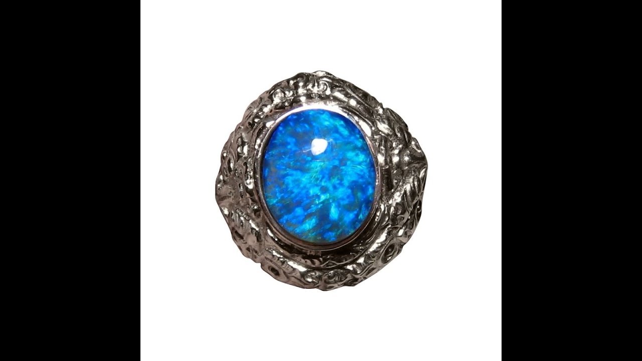 Mens Big Blue Opal Ring 925 Silver Lion | FlashOpal