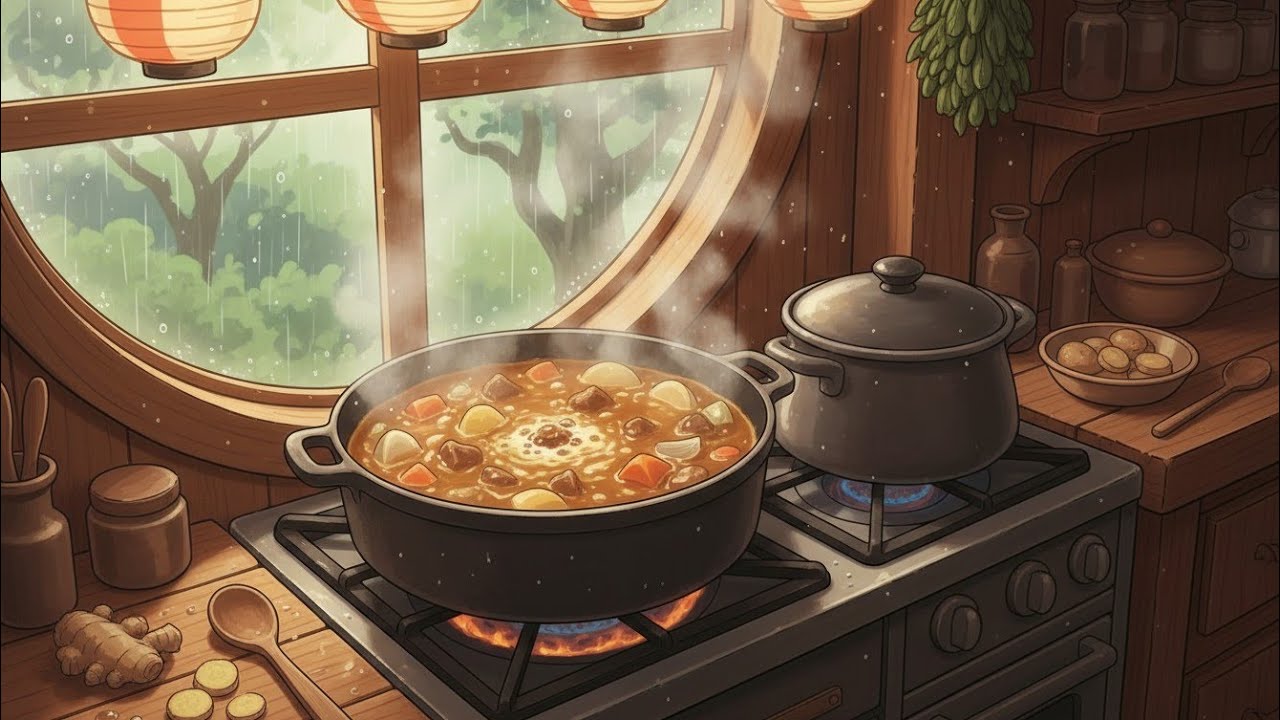 A rainy day in the treehouse | Making Onigiri,Japanese soufflé pancake, and Curry rice| Ghibli Asmr 