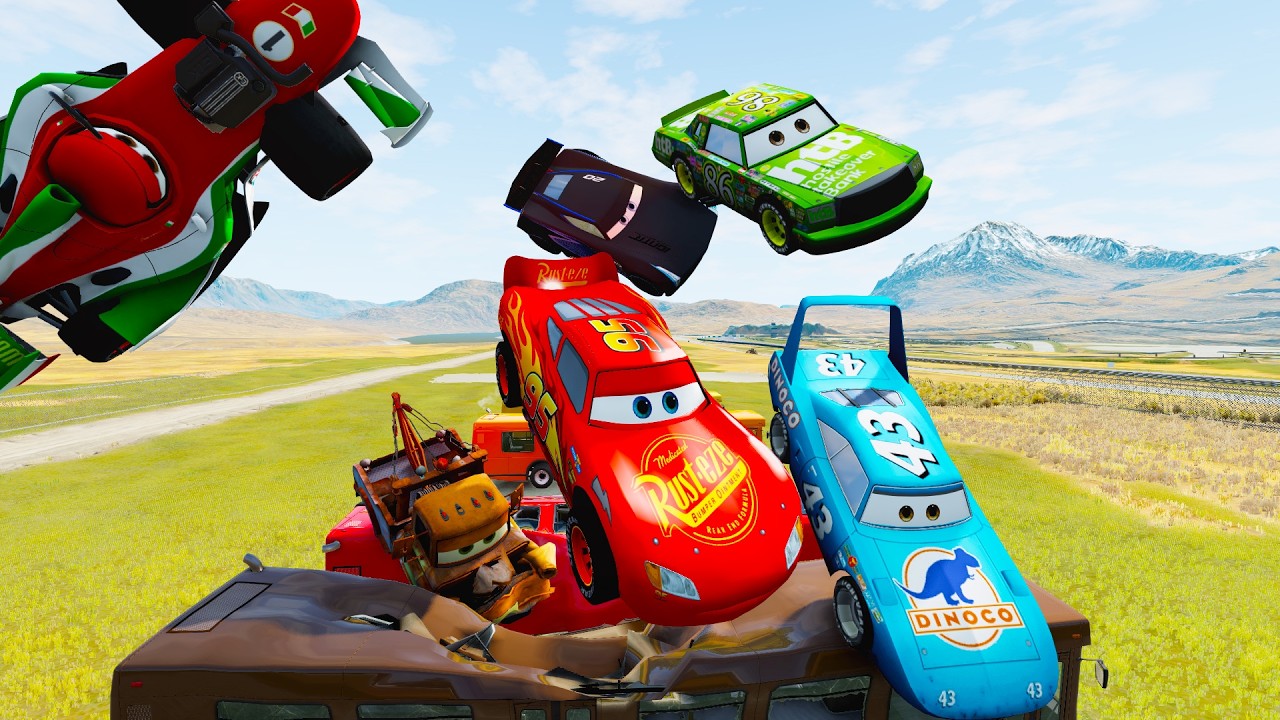 Pixar Cars vs Lava Road & Bus Obstacles – Ultimate Challenge | BeamNG.drive