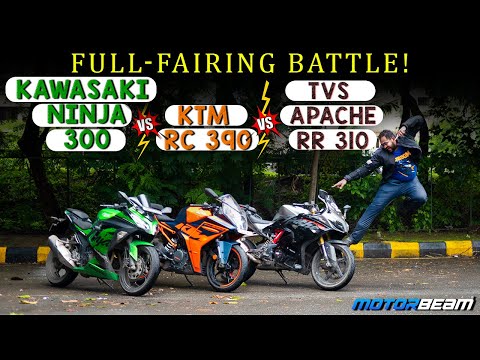 Kawasaki Ninja 300 vs KTM RC 390 vs TVS Apache RR 310 - Full Faired Fight! | MotorBeam