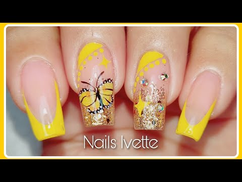 Uñas decoradas en tono amarillo / Diseño de uñas sencillas y fácil de hacer / mariposa amarilla @NailsIvette