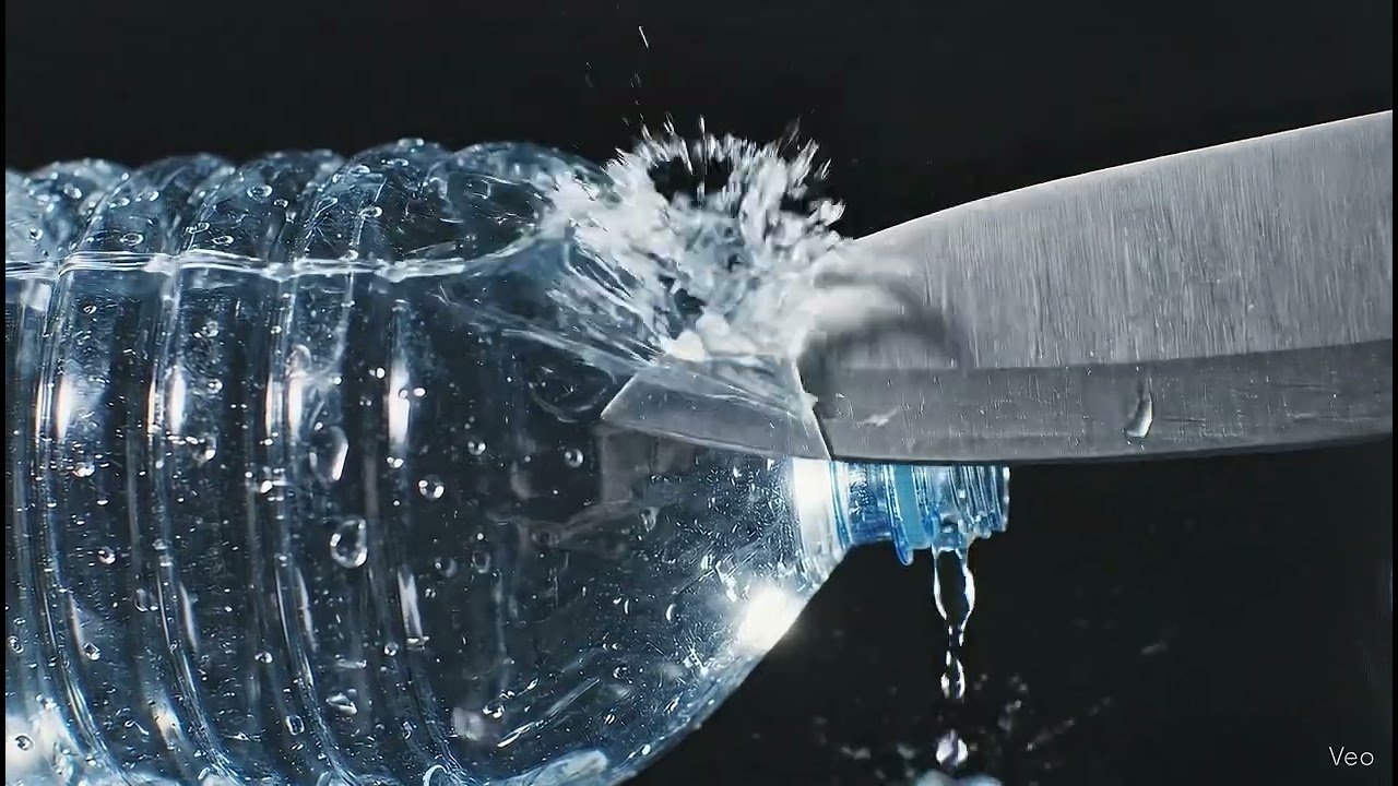 Knife Cutting a Plastic Bottle in Slow Motion