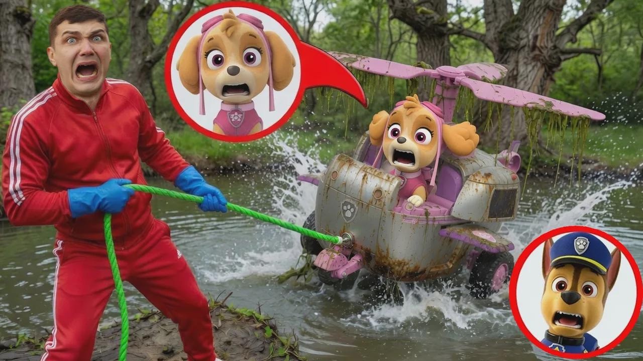 マグネット釣りで水中からパウ・パトロールのヘリ発見!スカイが墜落!?