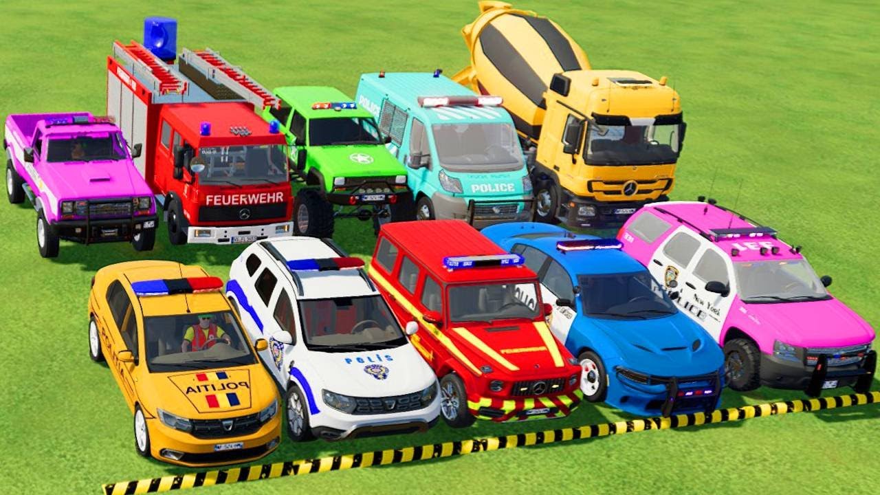 TRANSPORTING POLICE CARS, AMBULANCE, FIRE TRUCK, COLORFUL CARS WITH TRUCK -FARMING SIMULATOR 22!