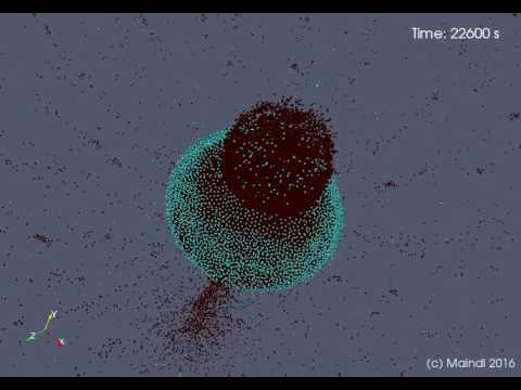 Planetary embryo collision: 0.8 Moon with 10% random water hits 0.5 Mars head-on, full spheres