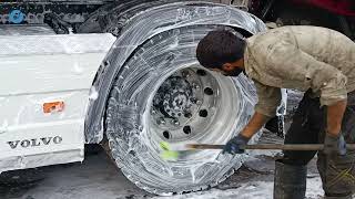 WASHING 100 TRUCK TIRES in just 8 minutes | Insane Satisfying Deep Cleaning video