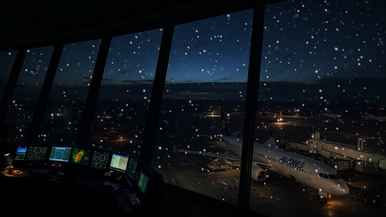 😴Night Shift Blizzard | Airport Control Tower ❄️ Snowstorm Ambience
