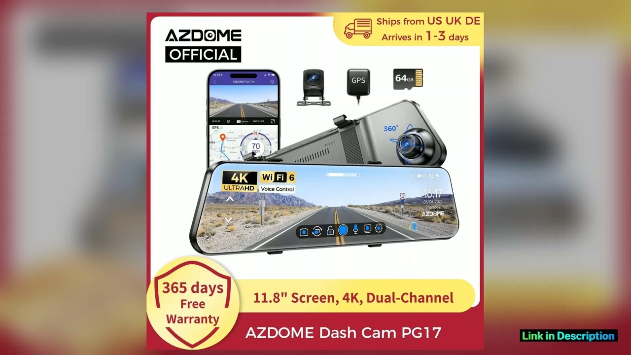AZDOME PG17 12 WiFi Mirror Dash Cam 4K Front and 1080P Rear View Mirror Camera for Cars Dual