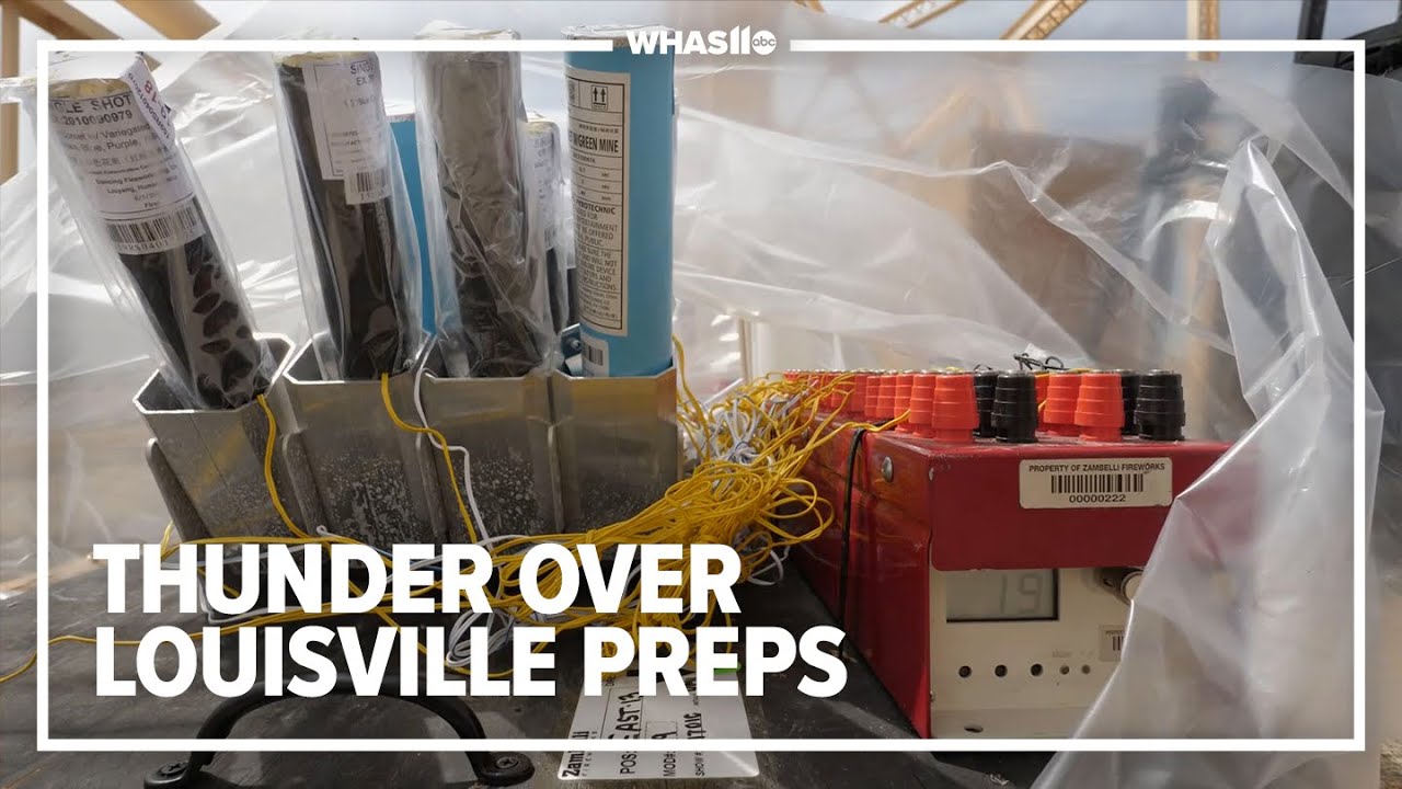 Thunder Over Louisville fireworks being installed on Clark Memorial Bridge