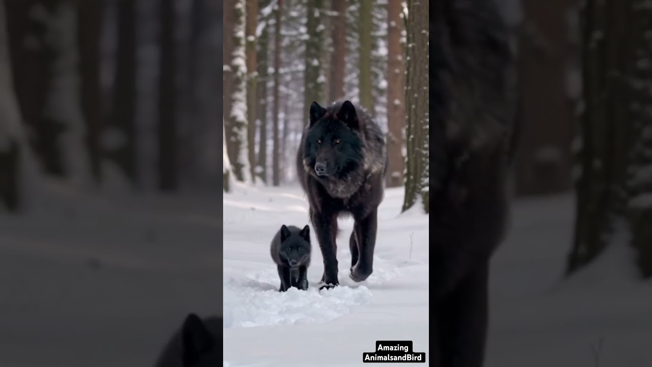 Majestic Snow-Black Wolf & Cubs: A Breathtaking Winter Family Journey
