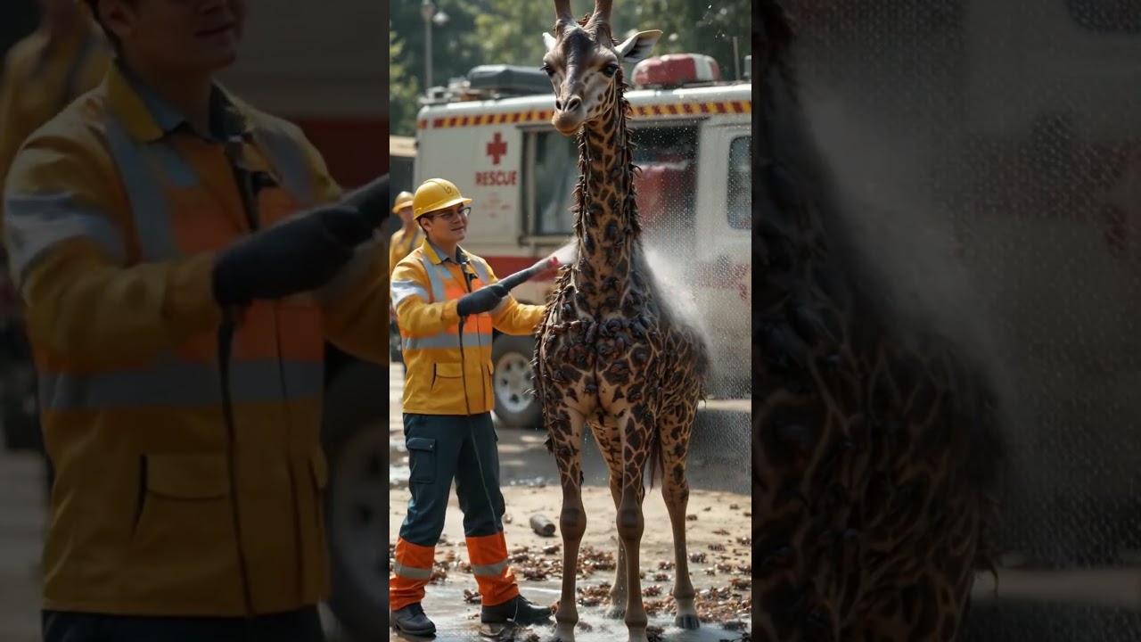 Emergency Rescue: Giraffe Covered in Beetles Gets Washed Down by Workers