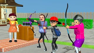 Scary Teacher 3D Miss T vs 6 Neighbor Archery with Number Target and Squid Doll