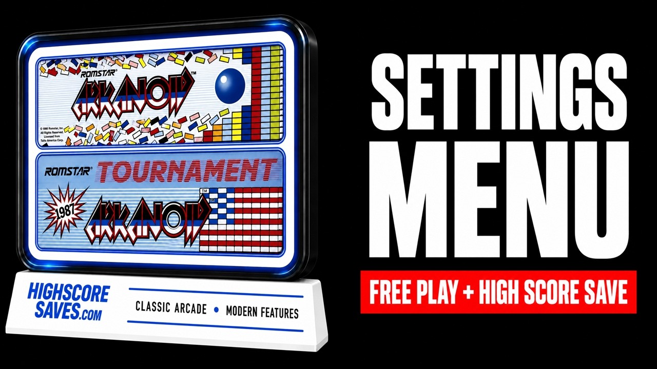 Arkanoid Multigame Free Play and High Score Save Kit settings menu video