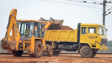 JCB 3DX Mud Loading 2 Trucks Removes old Railway Track and Making new Track for Train Crossing