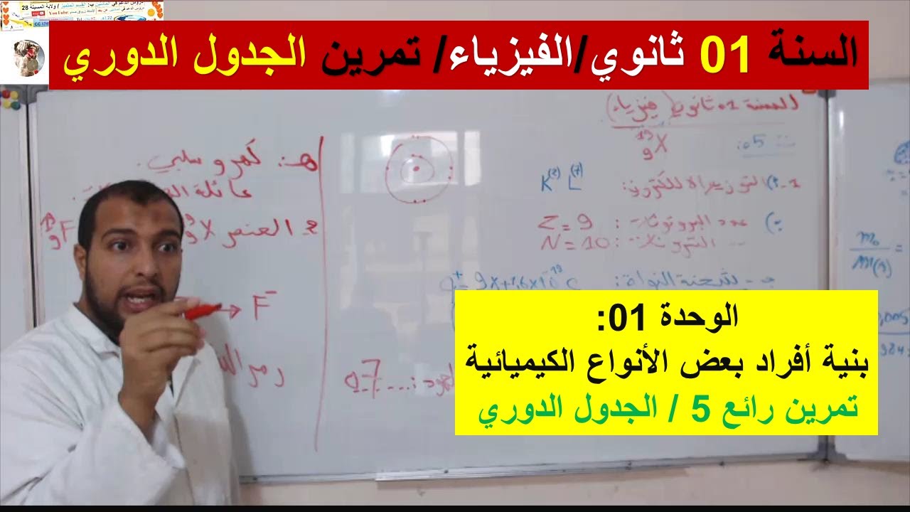السنة 01 ثانوي الفيزياء الوحدة 1 بنية أفراد بعض الانواع الكيميائية تمرين 04 رائع الجدول الدوري