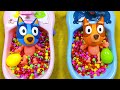 Baby Dolls Bluey and Bingo candy bath time- Meeting baby shark and opening surprise eggs