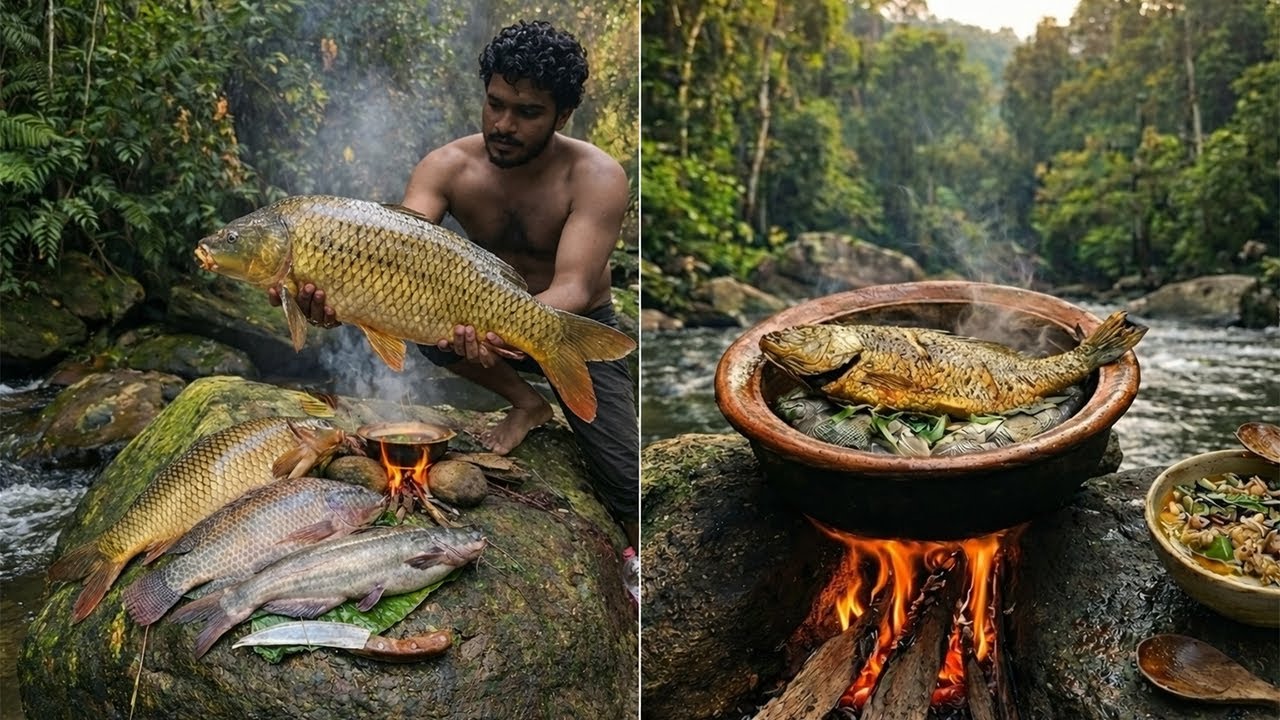 Jungle Man Catches Fish & Cooks It by a Wild Waterfall | Hunt Cook Eat