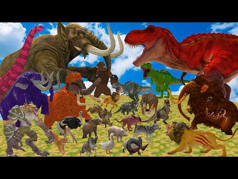 Ultimate Battle 50 Wild Animals Versus GIGA T-REX Dinosaur Epic Run Animal Revolt Battle Simulator