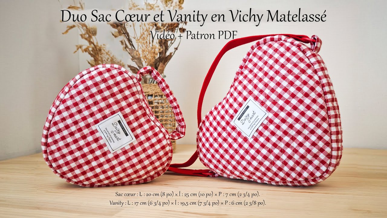 Coudre Deux Sacs en forme de Cœur Matelassés en Vichy - Tuto - Patron PDF - Couture Facile Mimi