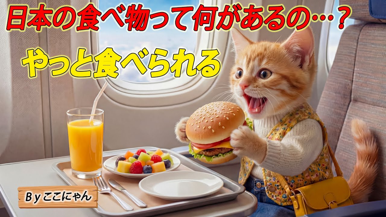 【初体験】ここにゃん、日本のごはんに大興奮…やっと食べられた🐱🍔✈️