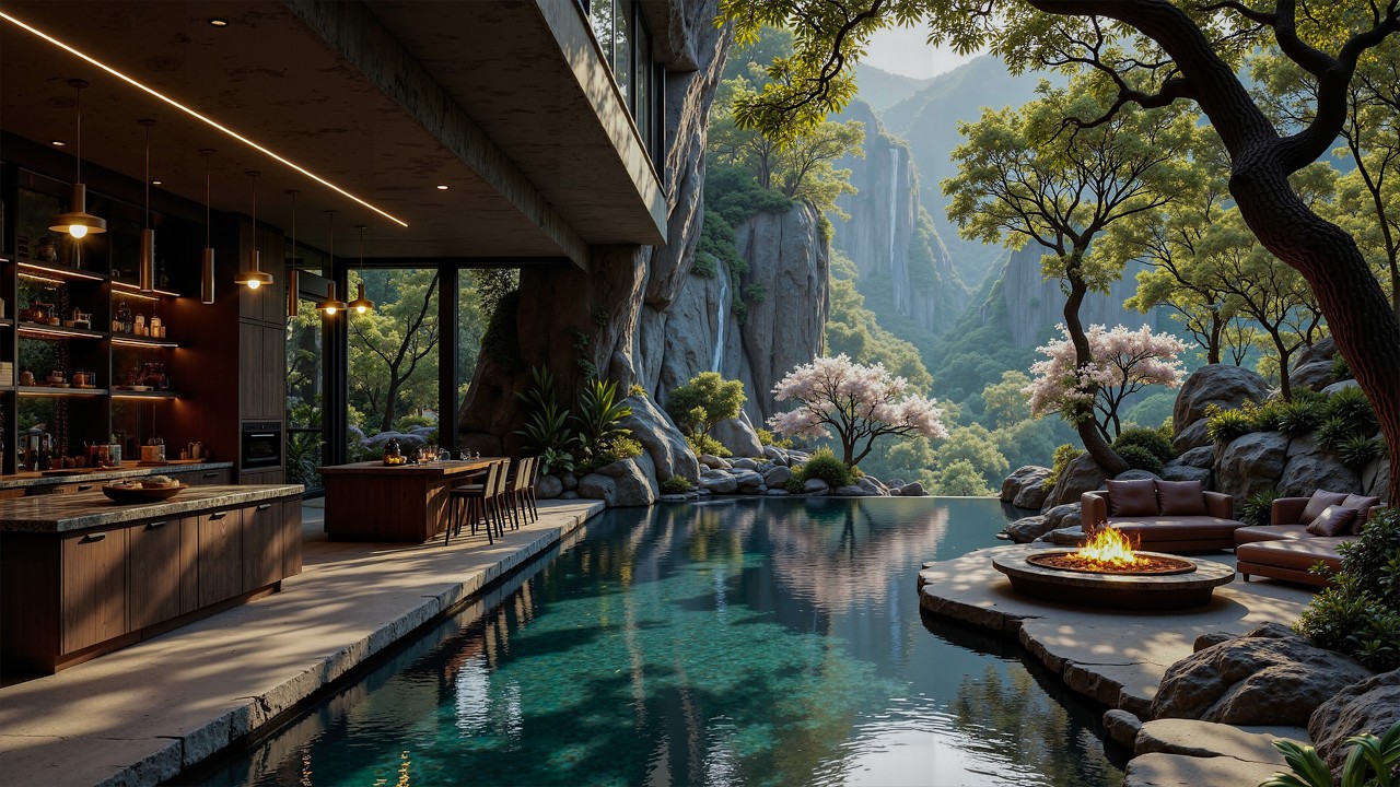 Tranquil Forest Poolside Jazz Retreat | Smooth Jazz Music and Fire Sounds for Relaxation