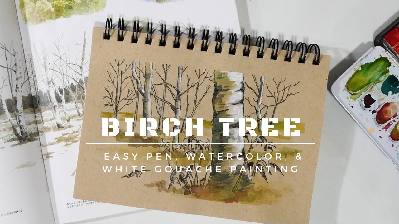 Birch Trees Pen, Watercolor, and Gouache Drawing on Toned Tan Kraft ...