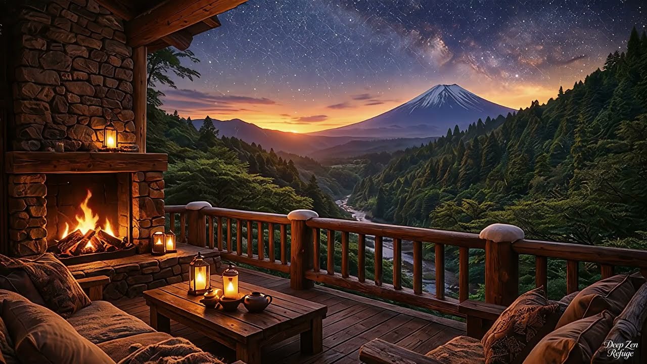 Soft Piano Music 🌌 Cozy Mount Fuji Cabin View Under the Stars | Relax & Sleep