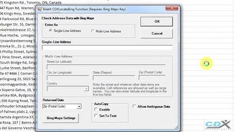 Look up ZIP Codes for Addresses in Excel using Bing Maps