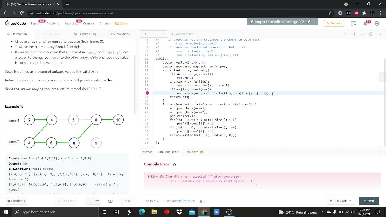 Get the Maximum Score (HARD) | leet code no. 1537 - YouTube