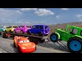 Flatbed Trailer Cars Transportation with Truck - Speedbumps vs Cars vs Train - BeamNG.Drive