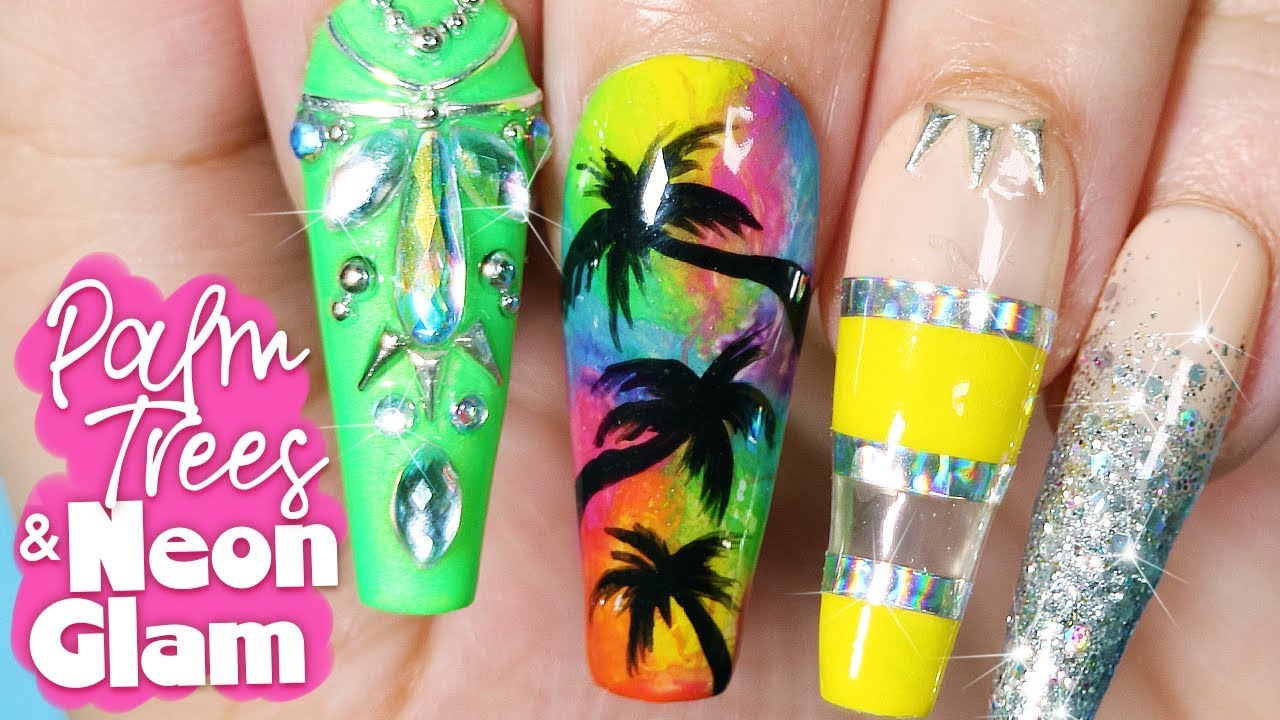 Palm Trees & Neon Glam Nail Art Tutorial // Summer Nail Art at Home