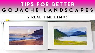 BEGINNER TIPS for better Gouache Landscapes ✶ REAL TIME beach and mountains