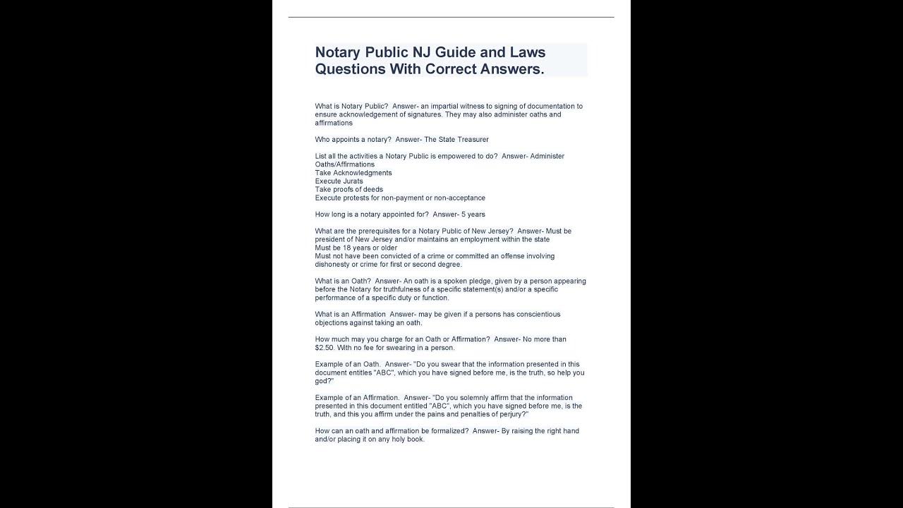 Notary Public NJ Guide and Laws Questions With Correct Answers pdf