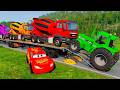 TRANSPORTING PIXAR CARS & FRUITS WITH COLORED & JOHN DEERE vs CLAAS vs TRACTORS - BeamNG.drive #983