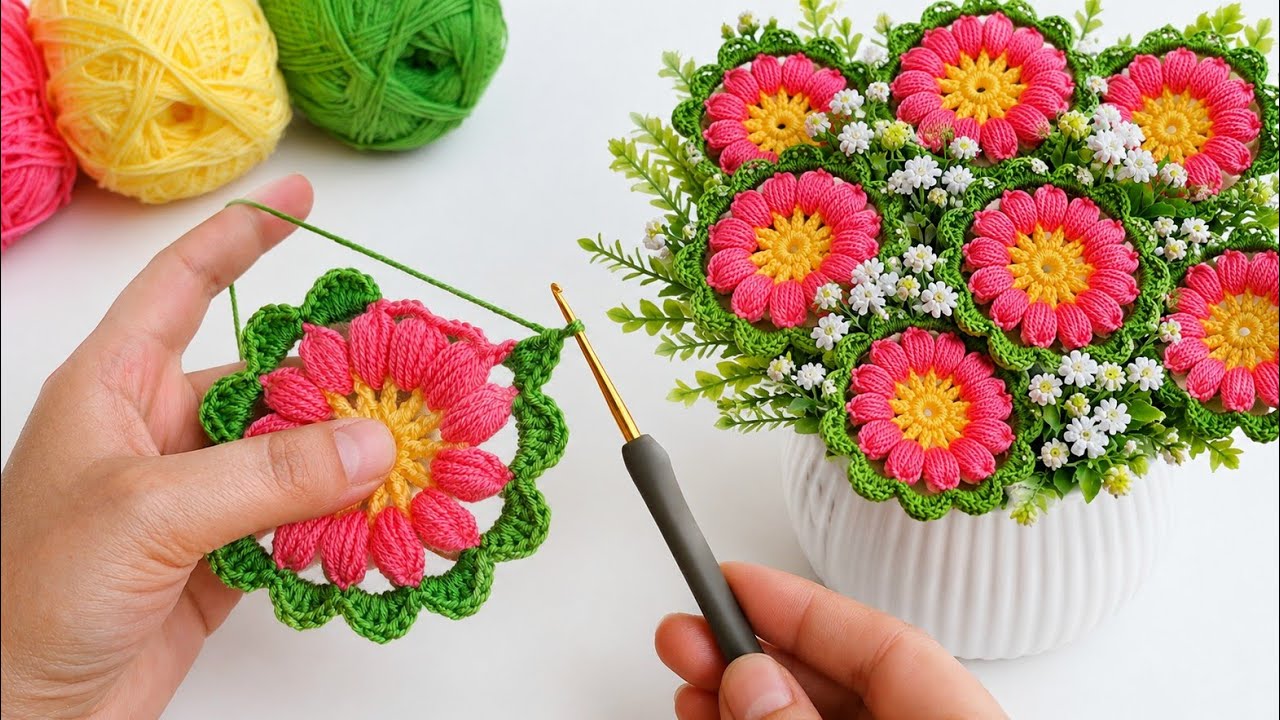 Easy Knitting Flower Motif for Beginners. Great Flower Bouquet