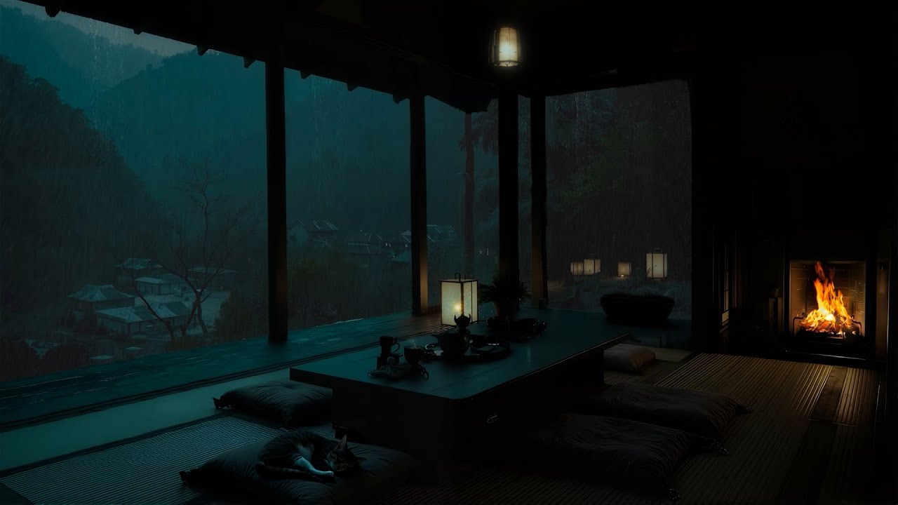 Inviting Room with Fireplace & Calming Rain Sounds - Night Thunderstorm Haven
