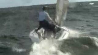 505 sailing in 25+knots and big waves in Santa Cruz, Philippe Kahn and Andy Escourt, Tack