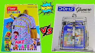 omg  doms art kit vs flair art kit, flair stationery set, doms stationery set  unboxing and review