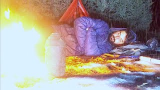 solo camping in snowy forest [ 1night bushcraft survival in snow storm rain asmr | no bag no tent]