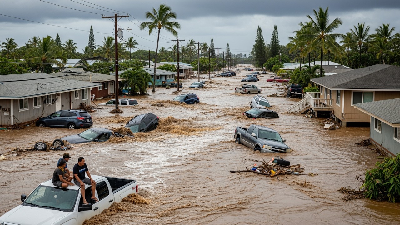 Сегодня на Гавайях царит хаос! Сильный шторм и масштабное наводнение смыли дома и автомобили на о...