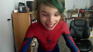 Cool Spiderman morphsuit boy, hustej kluk v kostýmu superhrdiny, long green hair