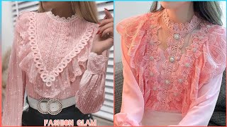 Women Flounce Sleeves Lace Trim Sheer Top Shirtsfrill Trim Lace Patchwork Blouse 2022