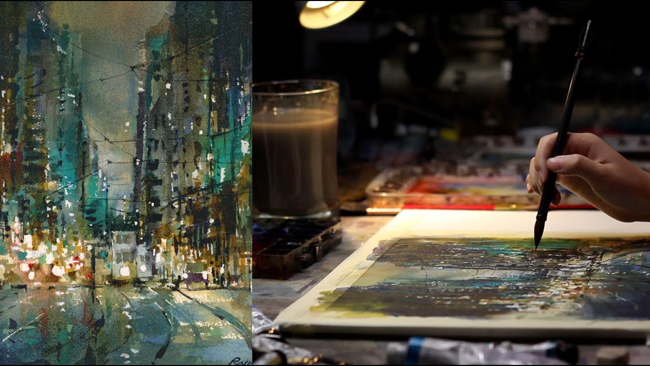 late night painting session | Watercolor Cityscape Hong Kong Timelapse