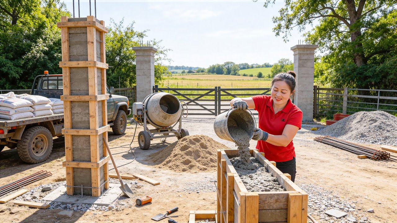 Transporting Construction Materials by Truck & Pouring Concrete Columns to Build a Farm Gate