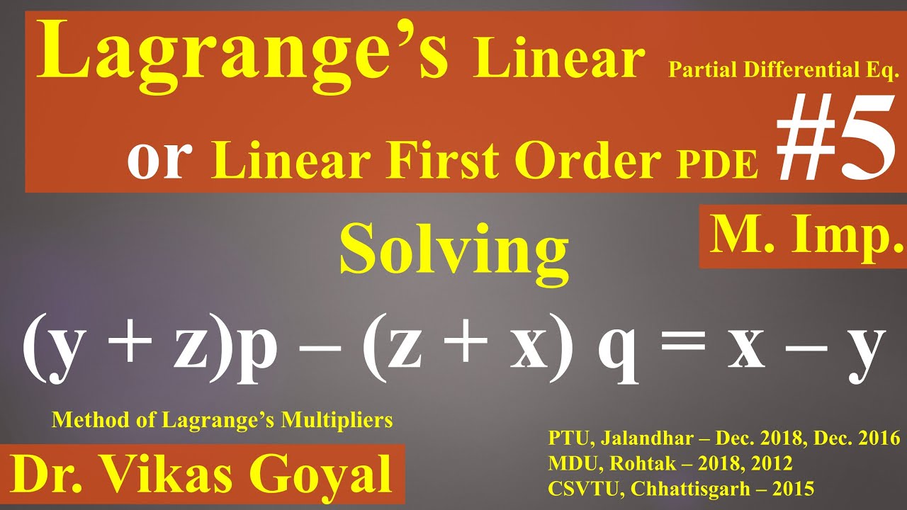 Lagrange's Linear Partial Differential Equation #5 in Hindi (M.Imp ...