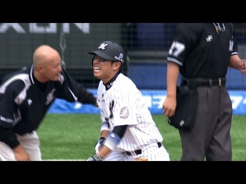 打撃好調の角中の手首を襲うデッドボール 2012.06.03 M-D
