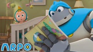 arpo robot tries help baby daniel fall asleep while noisy