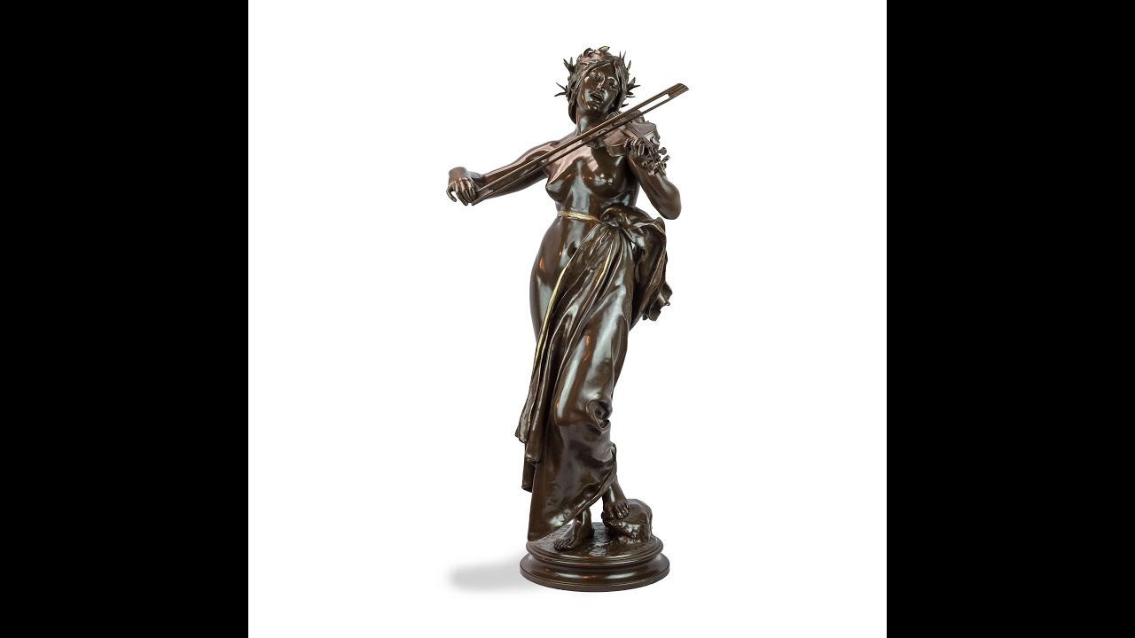 Antique French Patinated Bronze Sculpture of a Woman Playing a