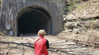 A walk to Stretcher Neck rail tunnel. Train speeds through tunnel. Prince West Virginia.