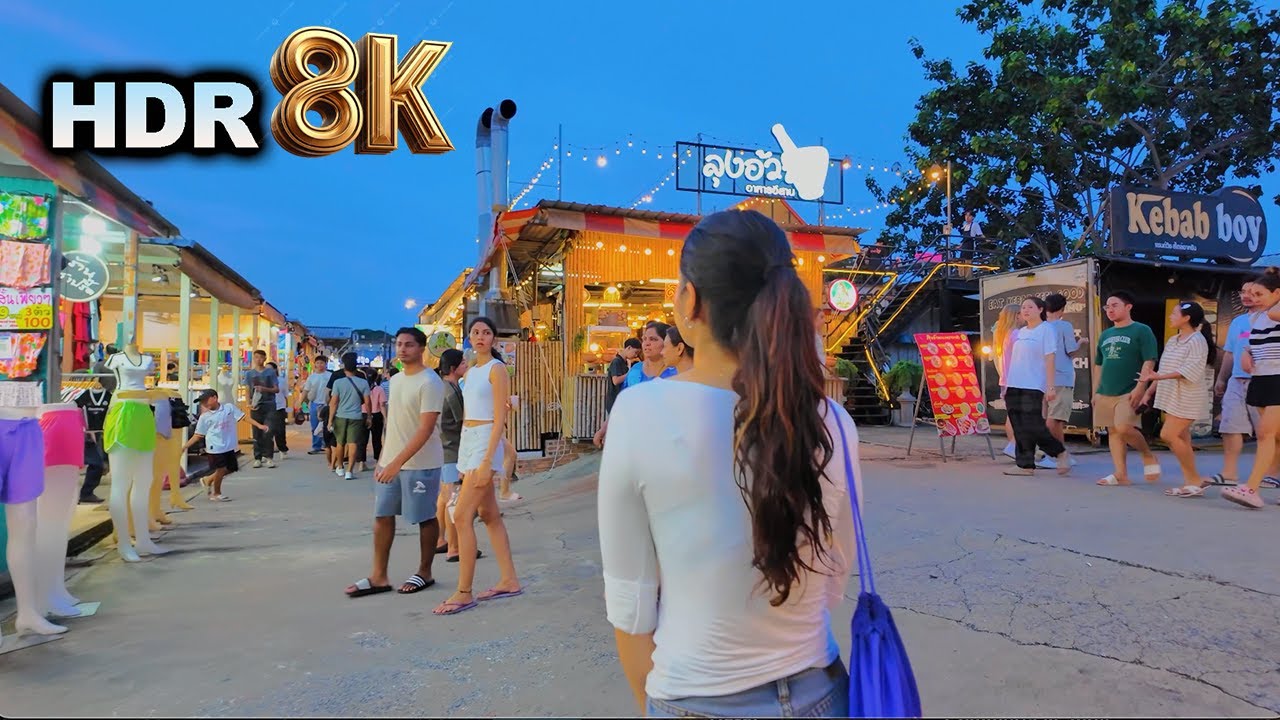 8k HDR //  Bangkok  Train Night Market Srinagarindra  Vintage Car Museum  -  Virtual Walk Thailand